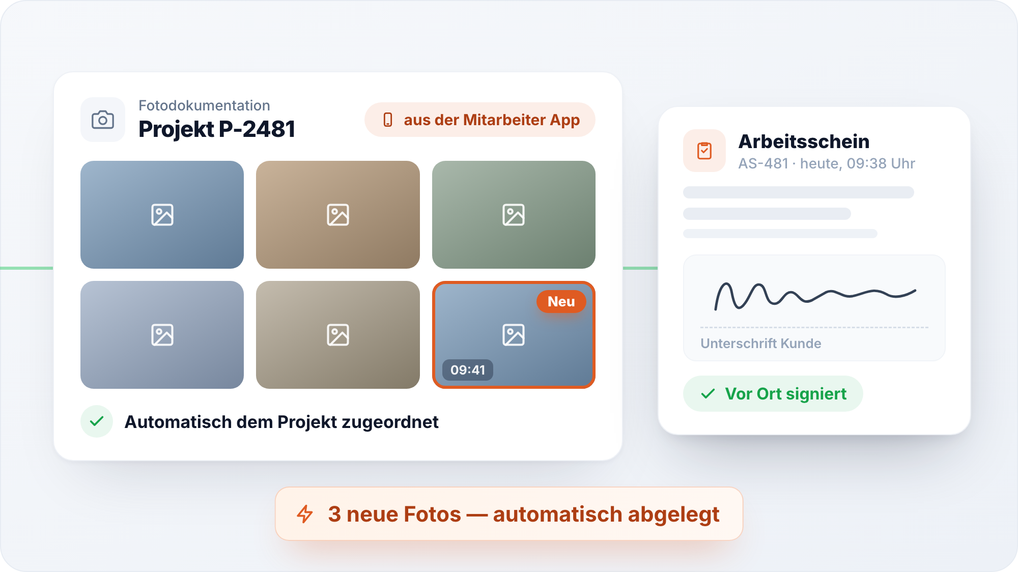 Produkt-Mockup Arbeitsscheine und Fotoablage: Fotos aus der Mitarbeiter App landen automatisch beim richtigen Projekt, der Arbeitsschein wird vor Ort signiert
