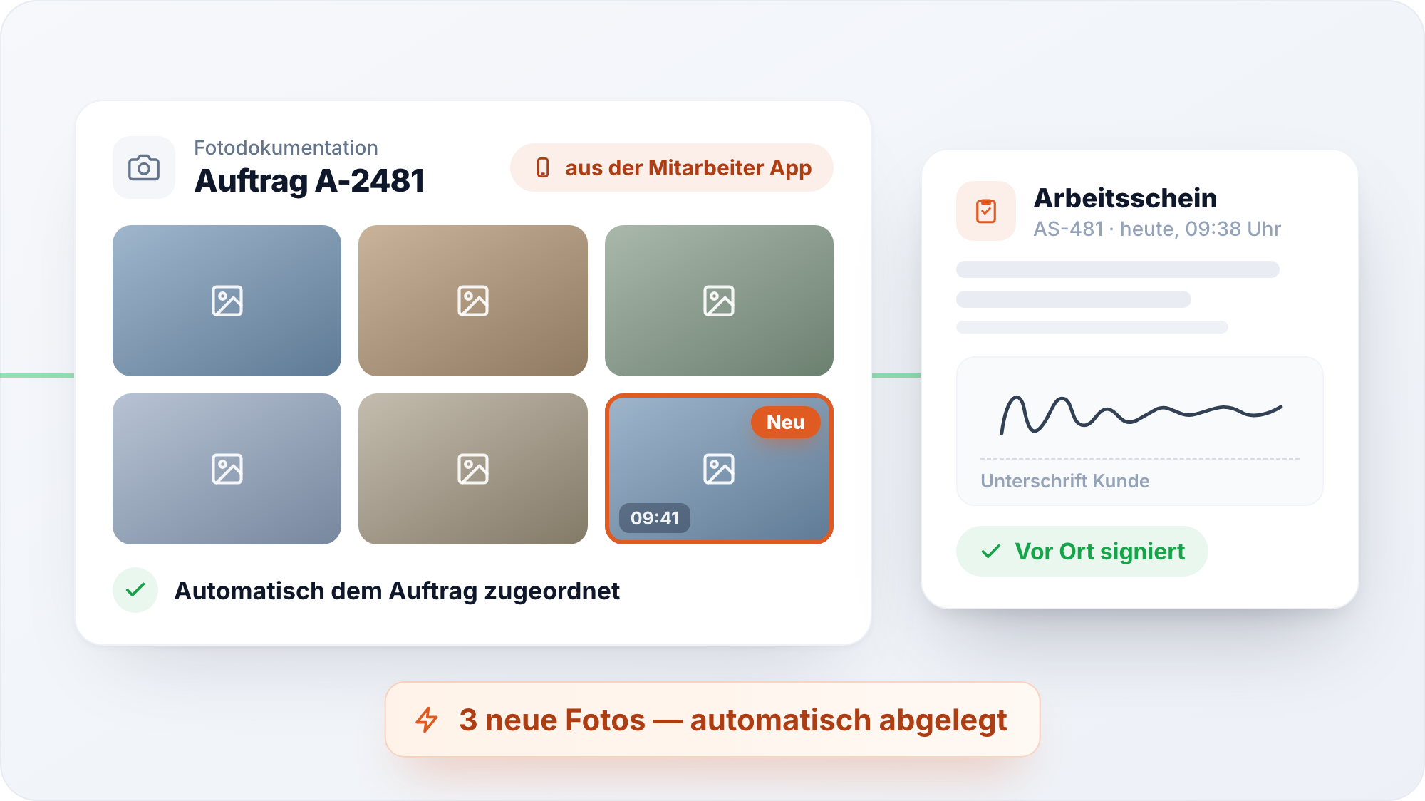 Produkt-Mockup Baustellenfotos und Arbeitsscheine: Fotos aus der Mitarbeiter App landen automatisch beim Auftrag, der Arbeitsschein wird vor Ort signiert