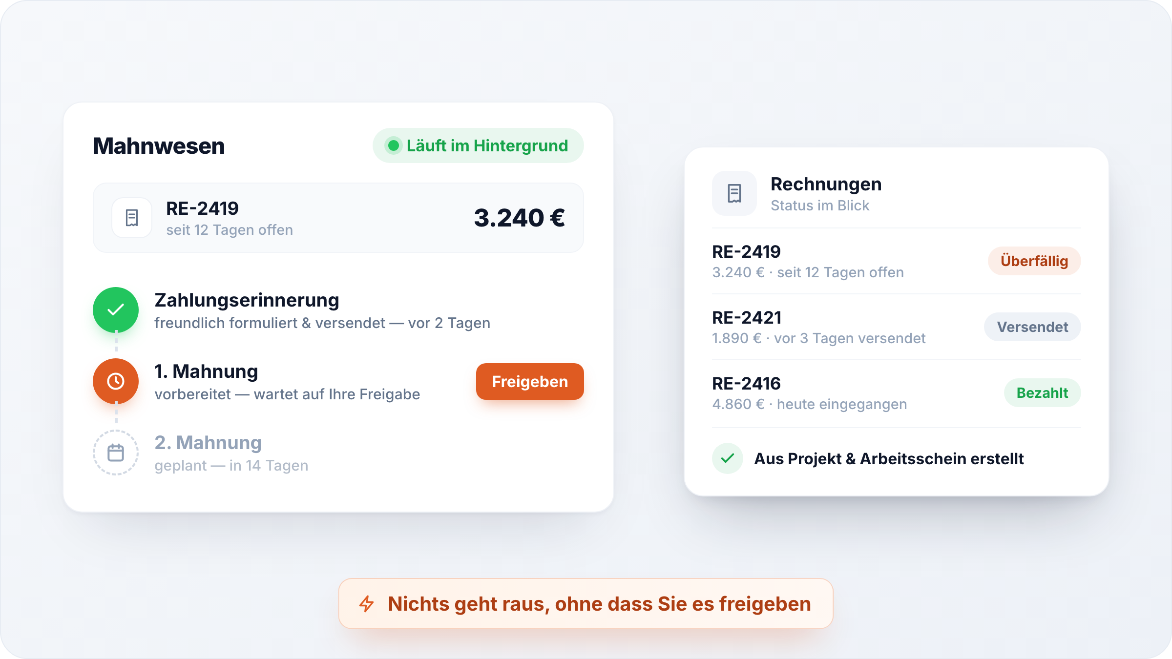 Produkt-Mockup Rechnungen und Mahnwesen: Mahnläufe laufen vorbereitet im Hintergrund, der Rechnungsstatus bleibt im Blick — die Freigabe bleibt bei Ihnen