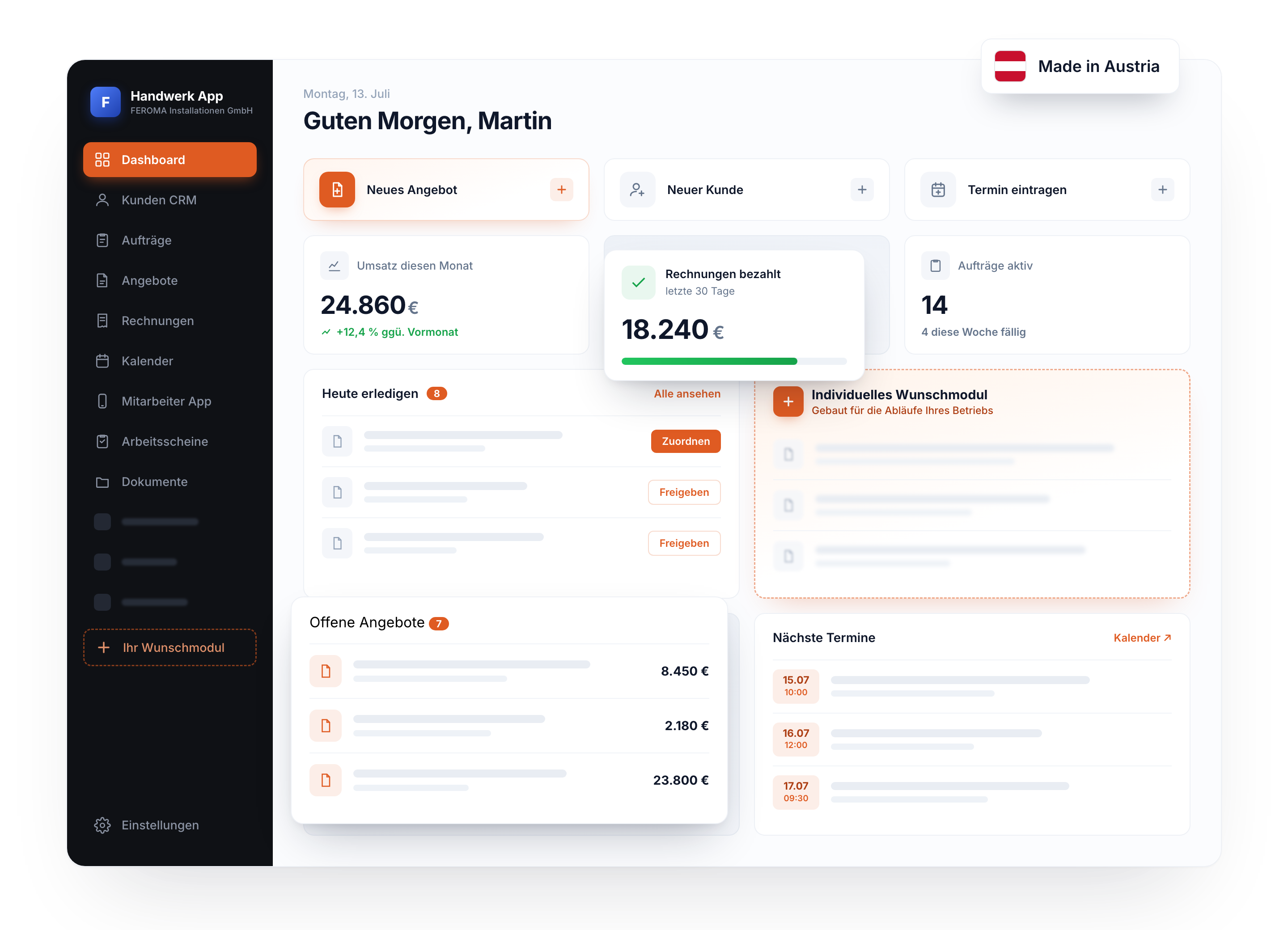Handwerker-Software Dashboard: Umsatz, offene Angebote, Termine und Rechnungen auf einen Blick