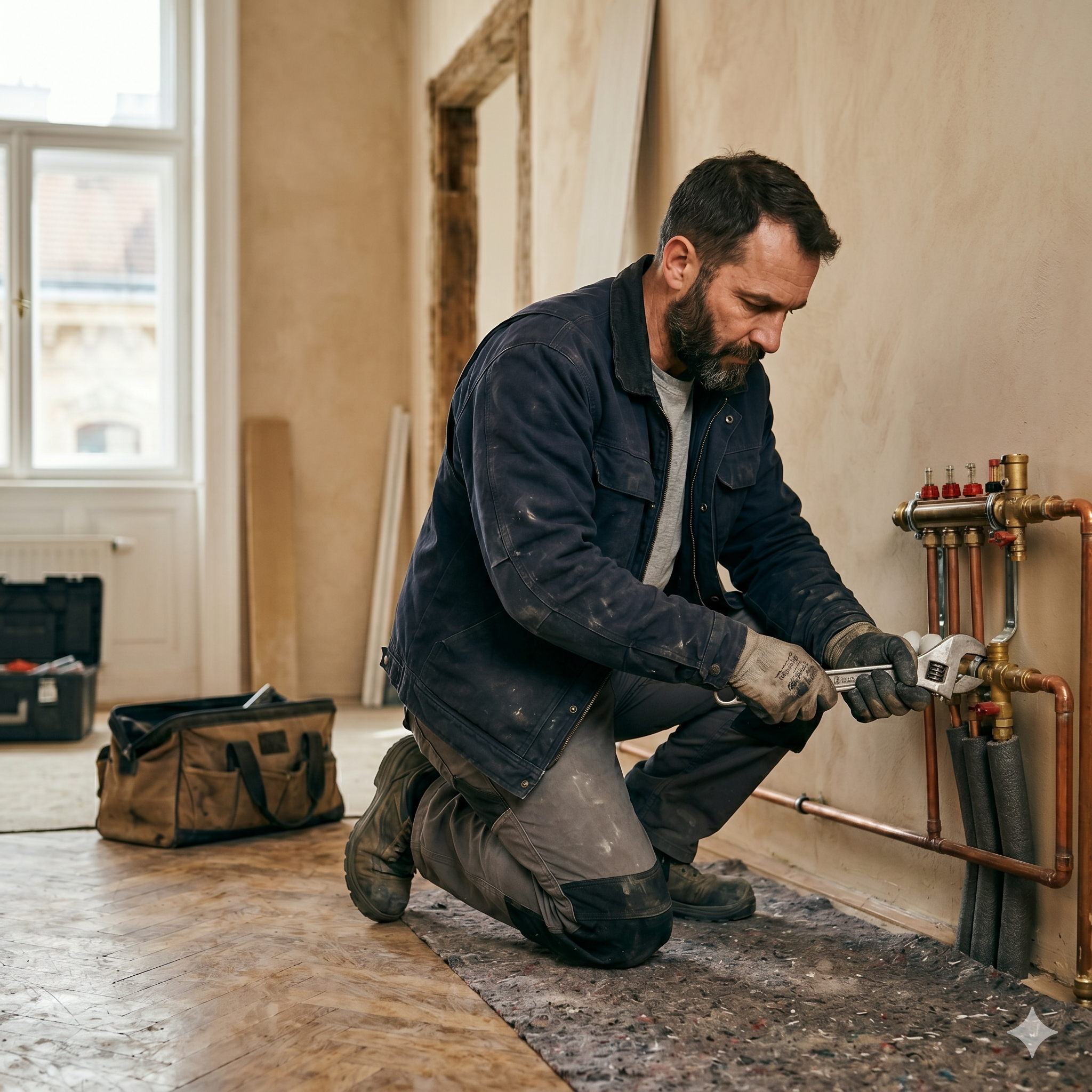 Handwerker bei der praktischen Installation mit Werkzeug in einem hellen Innenraum.