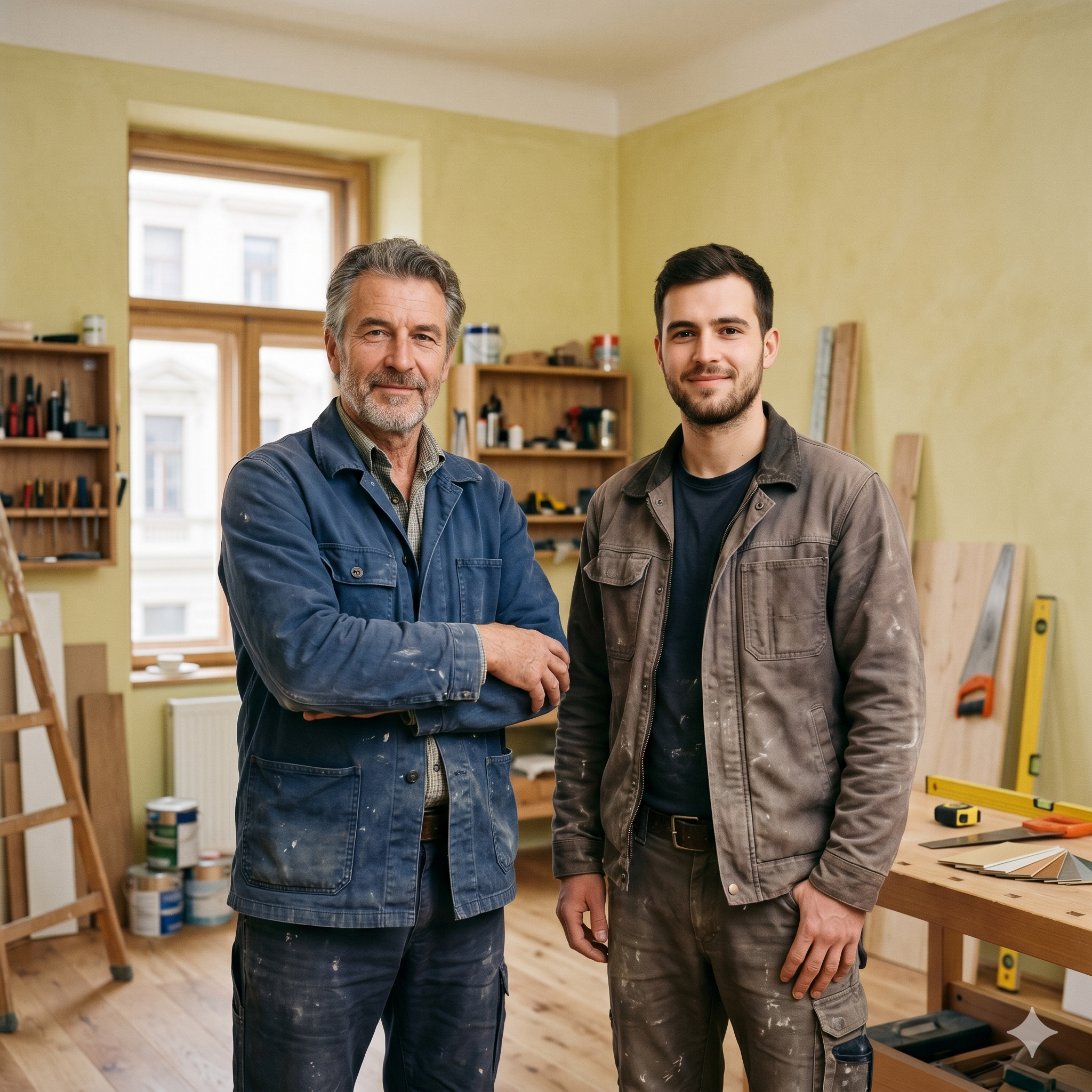 Zwei Handwerker stehen selbstbewusst nebeneinander in fertiger Umgebung.