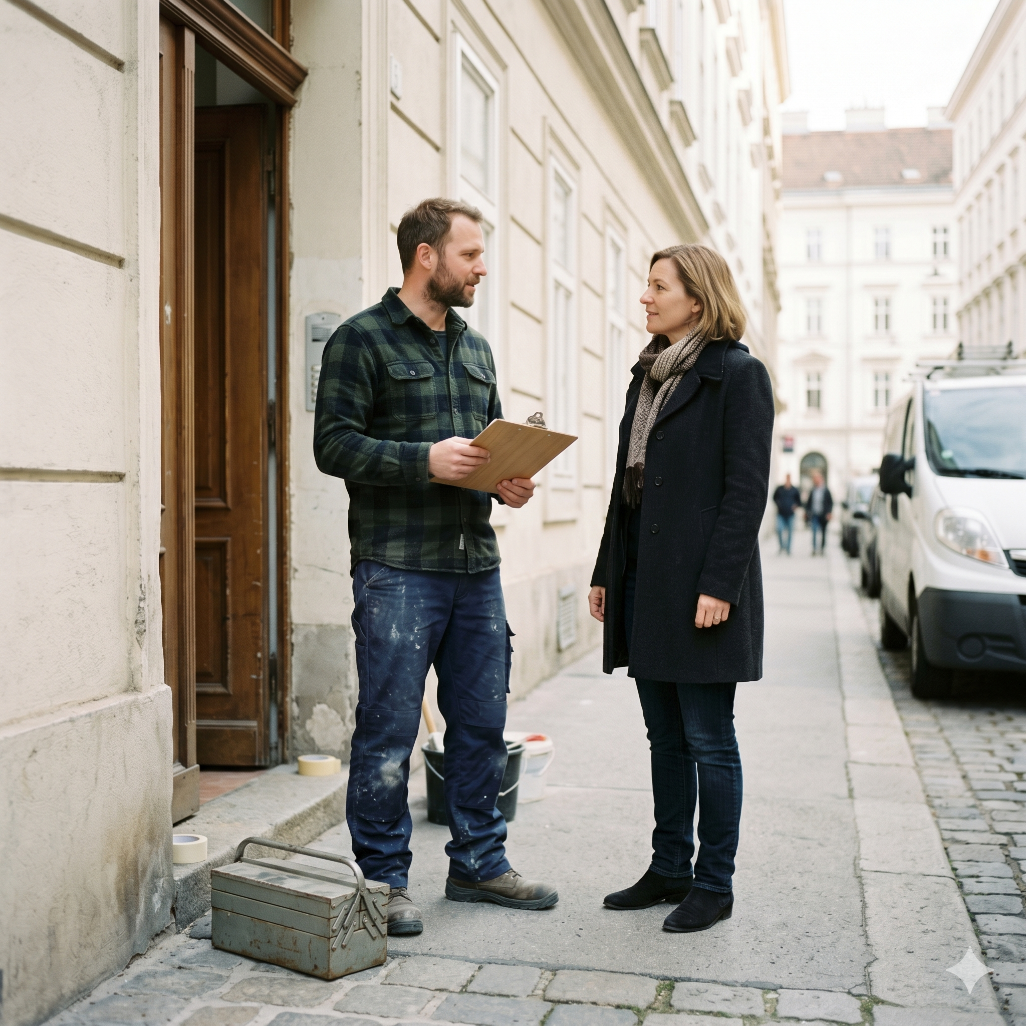 Handwerker im Gespräch mit einer Kundin oder einem Kunden am Eingang eines Auftragsorts.