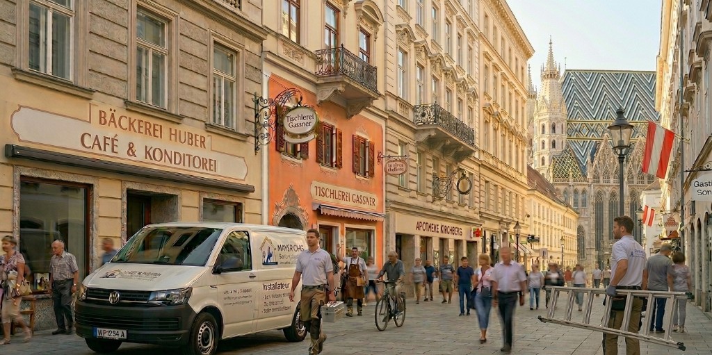 Belebte Wiener Straße mit lokalen Betrieben (Bäckerei, Tischlerei, Apotheke), Handwerkern mit Werkzeug und Lieferwagen; im Hintergrund der Stephansdom.
