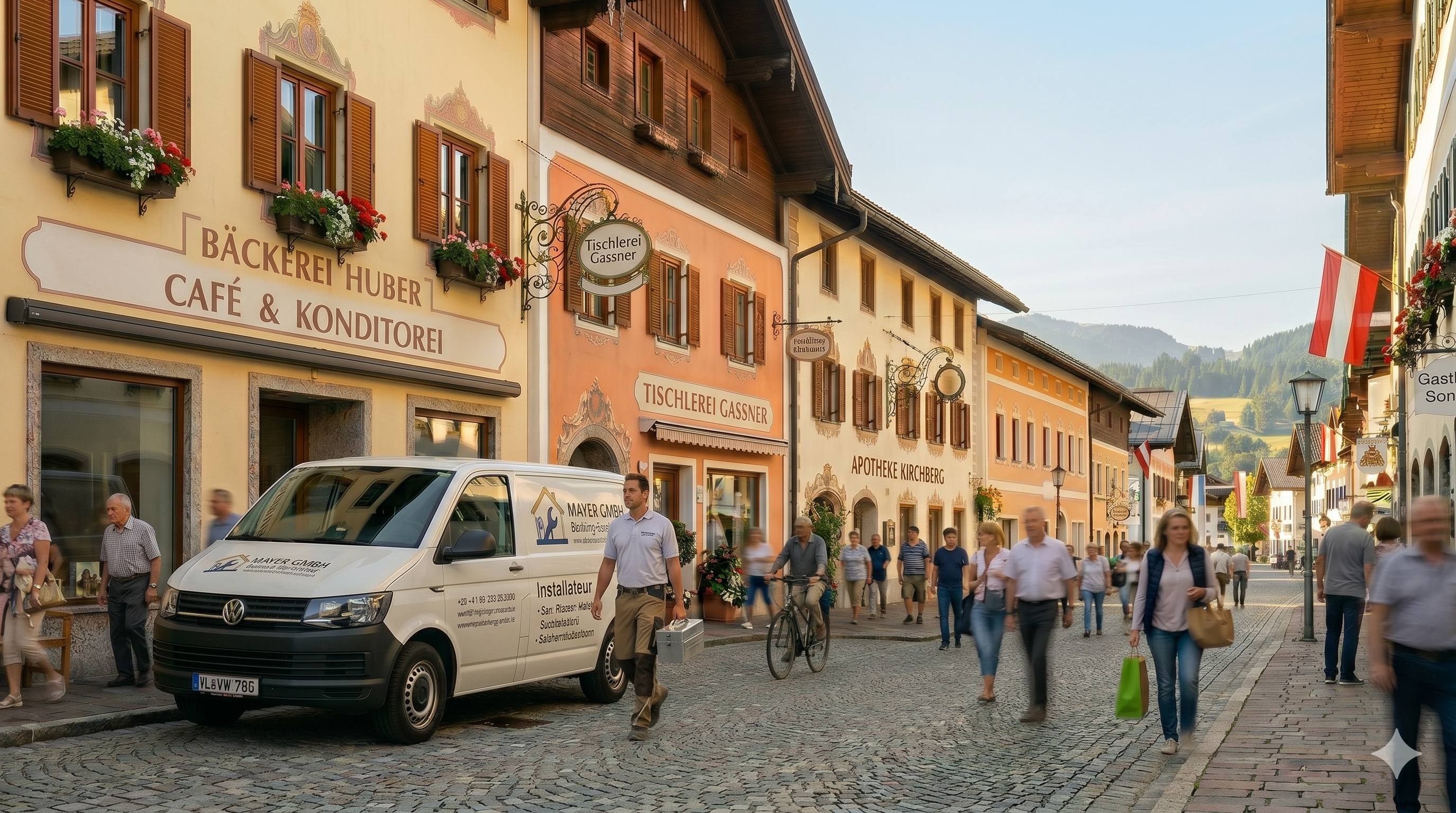 Ortsstraße mit lokalen Betrieben: Bäckerei, Tischlerei und ein Handwerksfahrzeug.